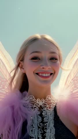 Fairy Wings Model Responding to Off-Camera Cue, Smiling Under Blue Sky — Vertical Video