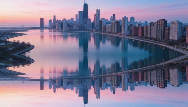 Urban skyline reflecting on glassy lake at sunrise with waterfront promenade