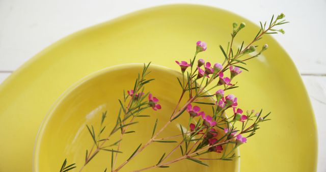 A vibrant yellow plate holds a sprig of delicate pink flowers, adding a touch of natural beauty to the simple table setting. The contrast between the bright dishware and the soft floral accent creates an inviting and cheerful atmosphere.
