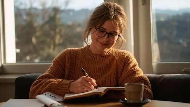 Sunlit young woman writing journal at window in cozy rust sweater during golden hour