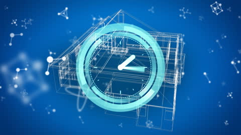Digital Blueprint with Clock and Molecular Science Overlay