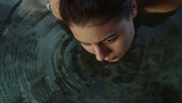 Pensive woman floating and gazing into dark water creating concentric ripples top-down portrait