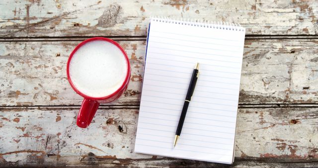 Cup of Coffee with Notepad and Pen on Rustic Wooden Table - Download Free Stock Images Pikwizard.com