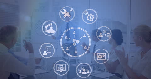 Business Meeting with Digital Interface and Data Processing Animation