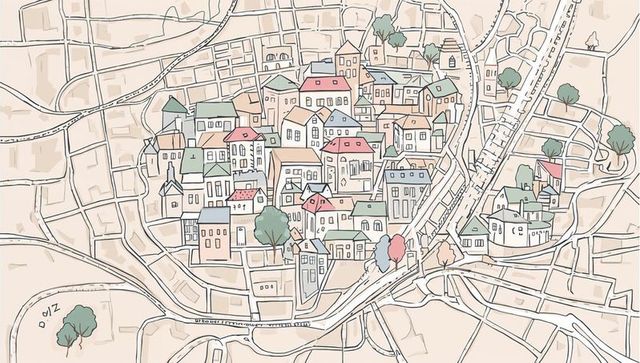 Hand-drawn pastel town map showing dense cluster of multistory houses and winding streets