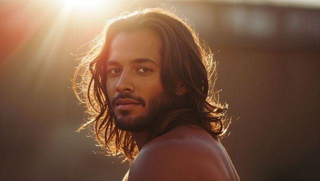 Posing shirtless man with long wavy hair and beard backlit at golden hour with sun flare