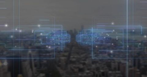 Floating digital network overlay hovering above urban skyline at dusk with glowing nodes