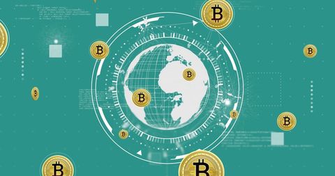 Bitcoin Symbols Circling Digital Globe Illustrating Global Cryptocurrency Economy