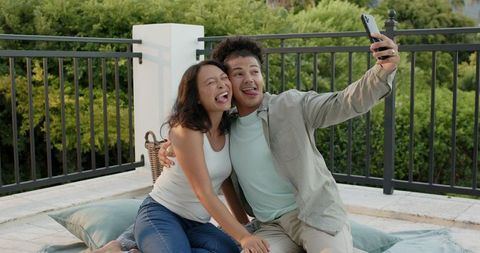 Cheerful Couple Taking Selfie Picnic Outdoors
