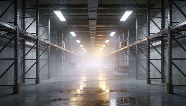 Leading industrial warehouse aisle with metal racks, wet reflective floor and ambient fog