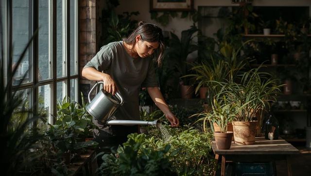 Woman watering indoor plants with long-spout can in sunlit urban plant nursery