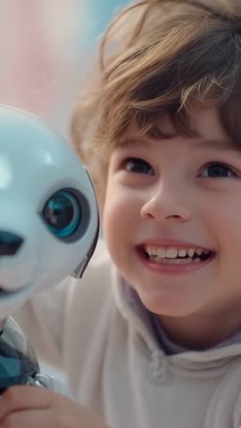 Vertical video: Curious boy discovering interactive robot toy in bright playroom