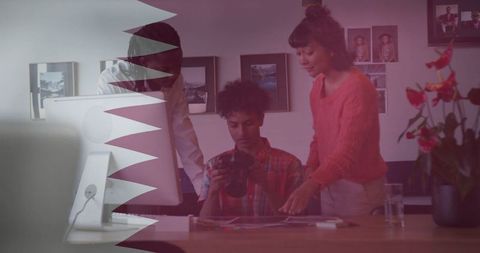 Creative team collaborates in modern studio with photography equipment