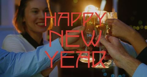 Elegant New Year's Celebration with Champagne Toast Under Night Sky