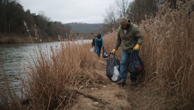 Volunteers collecting litter along riverbank on overcast winter day community cleanup