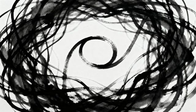 Swirling black ink spiral on white paper abstract brushstroke vortex centerpiece
