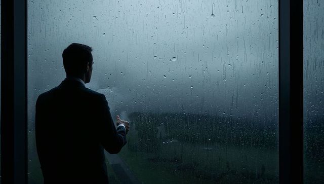 Executive silhouette standing at rain-soaked window in high-rise office contemplating decisions and