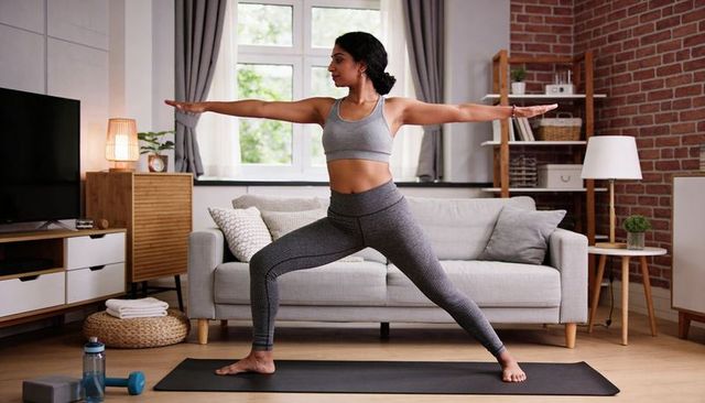 Practicing warrior ii yoga pose in cozy living room wearing gray activewear and leggings
