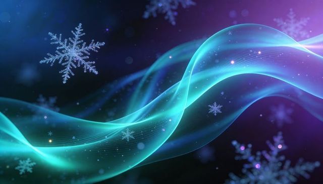 Teal Ribbon Flowing with Snowflakes and Bokeh for Winter Holiday Background