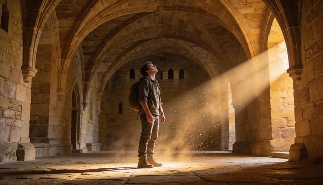 Standing traveler bathing in golden sunbeam inside medieval stone cloister with dust motes