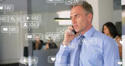 Corporate executive speaking on smartphone in modern office with social media overlay