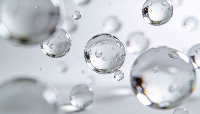 Floating Crystal Droplets with Microbubbles and Inverted Reflections Macro Abstract