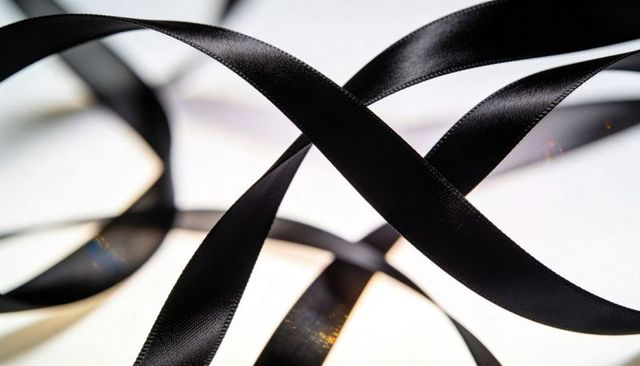 Black satin ribbon loops on white high-key background, glossy macro texture and bokeh