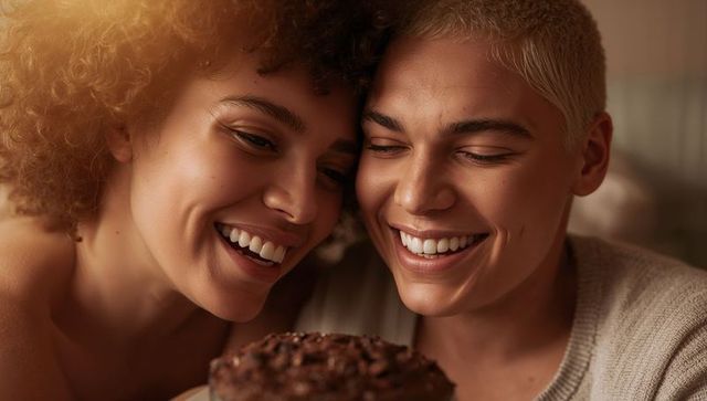Leaning Close Smiling Women Sharing Chocolate Cake Wearing Knit Sweater Intimate Cozy Moment