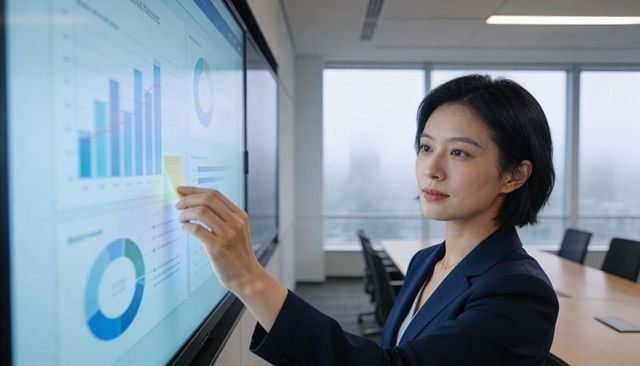 Asian businesswoman placing sticky note on touchscreen showing analytics in boardroom