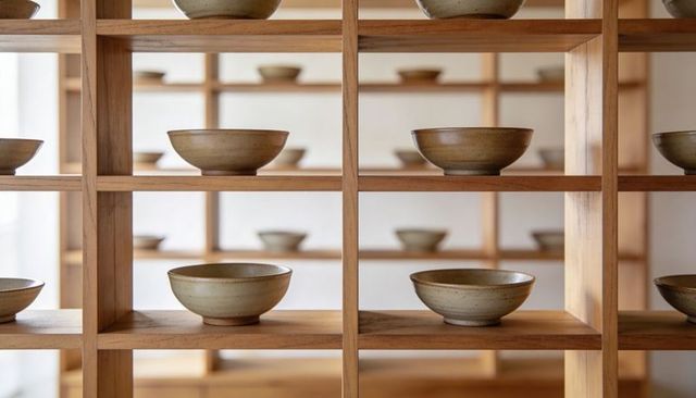 Minimal ceramic bowl display on wooden lattice shelving, neutral tones and repeating grid
