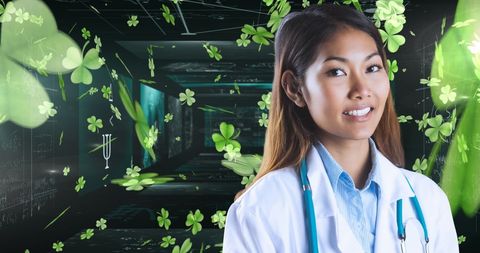 Asian female doctor against abstract scientific background
