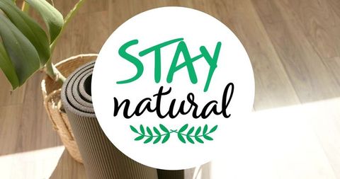 Stay natural wellness corner with rolled yoga mat and potted plant basking in sunlight