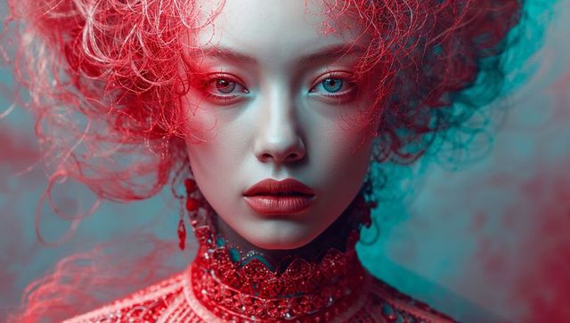 Ethereal Editorial Portrait with High-Neck Beaded Collar, Gem Earrings, Red-Teal Lighting