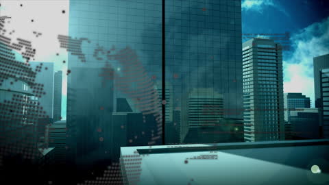 Futuristic Skyline with Digital World Map Overlay Illustrating Technology and Networking