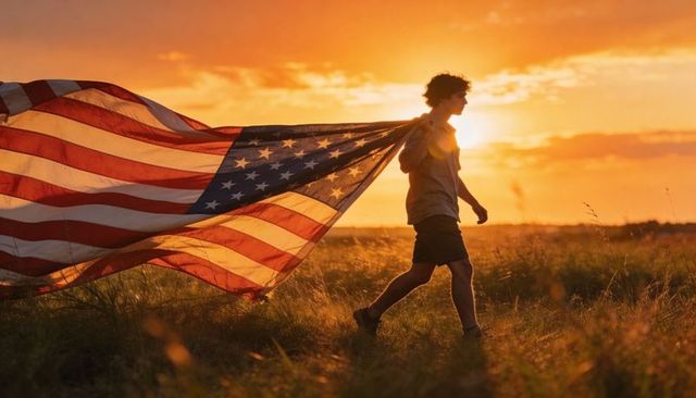 Teenager walking at sunset carrying american flag as cape, patriotic youth outdoors