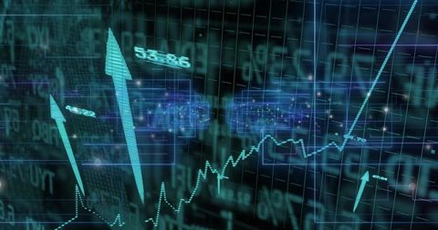 Futuristic Financial Chart with Rising Arrows on Digital Trading Dashboard