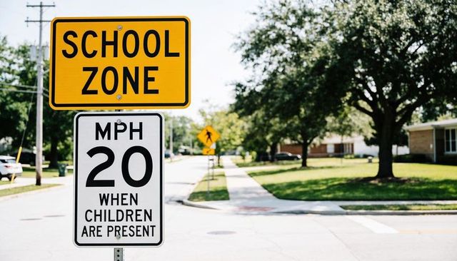 Displaying yellow school zone sign and 20 mph speed limit at suburban crosswalk