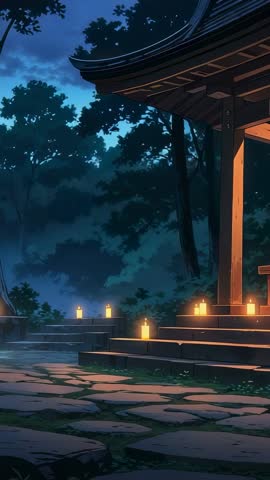 Vertical video revealing tranquil wooden shrine at night with candlelit stone path