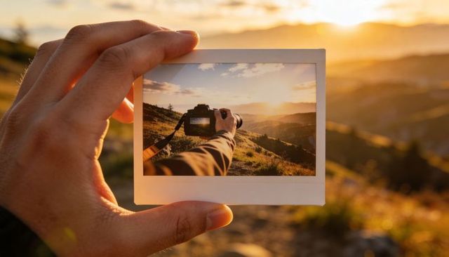 Hand holding polaroid print framing dslr capturing golden hour sunset over rolling hills