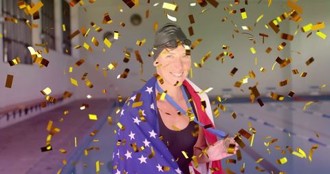 Female Swimmer Celebrating Victory with USA Flag and Medal