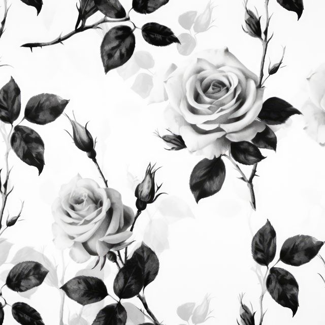 Classic black and white rose pattern depicting elegant roses with thorns and leaves. Ideal for use in fashion design, wallpaper, textiles, art prints, and graphic design projects seeking a sophisticated and timeless aesthetic.
