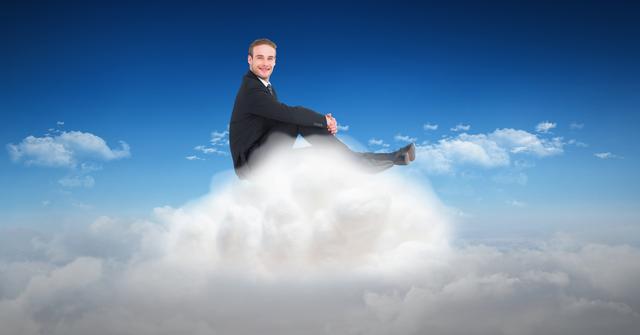 Businessman in suit sitting comfortably on fluffy clouds under bright blue sky with scattered clouds. Perfect for topics on work-life balance, corporate well-being, achieving goals, financial freedom, business success, dream concepts, and imaginative scenarios.