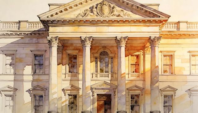 Neoclassical facade basking in warm sunlight with six corinthian columns watercolor illustration