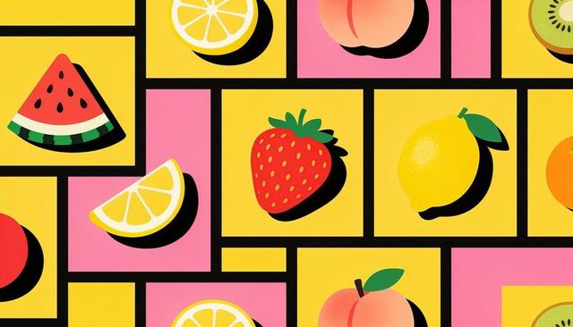 Bright pop art fruit tile pattern featuring strawberry lemon watermelon peach kiwi