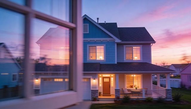 Sunset-lit two-story suburban home glowing through window with cozy front porch ambience