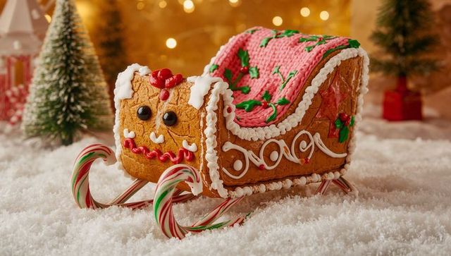 Gingerbread sleigh with pink icing roof and candy cane runners on snowy holiday tabletop