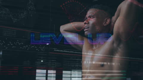 Shirtless Man Exercising in Gym with Level Up Animation Overlay