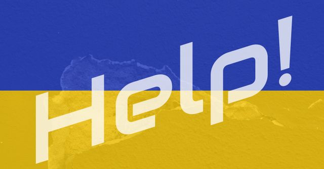 Digitally generated image of help text banner against ukrainian flag design background. ukrain crisis concept