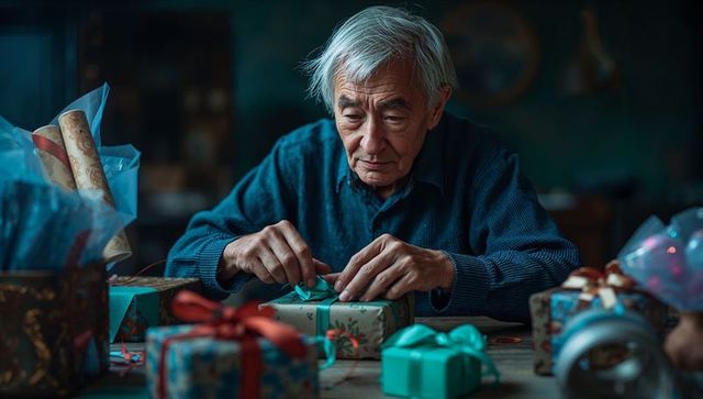 Senior Man Artfully Wrapping Gifts in Cozy Home Environment