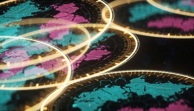 Holographic global data hud with neon teal and magenta maps and golden circular interfaces